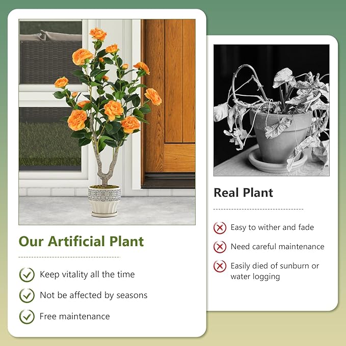 Goplus 36’’ Artificial Camellia Tree, Flower Plants Artificial Tree, Faux Floral Plant Blooming Tree in Nursery Pot, Greenery Potted Plant for Indoor Office Home Porch Decor, Orange