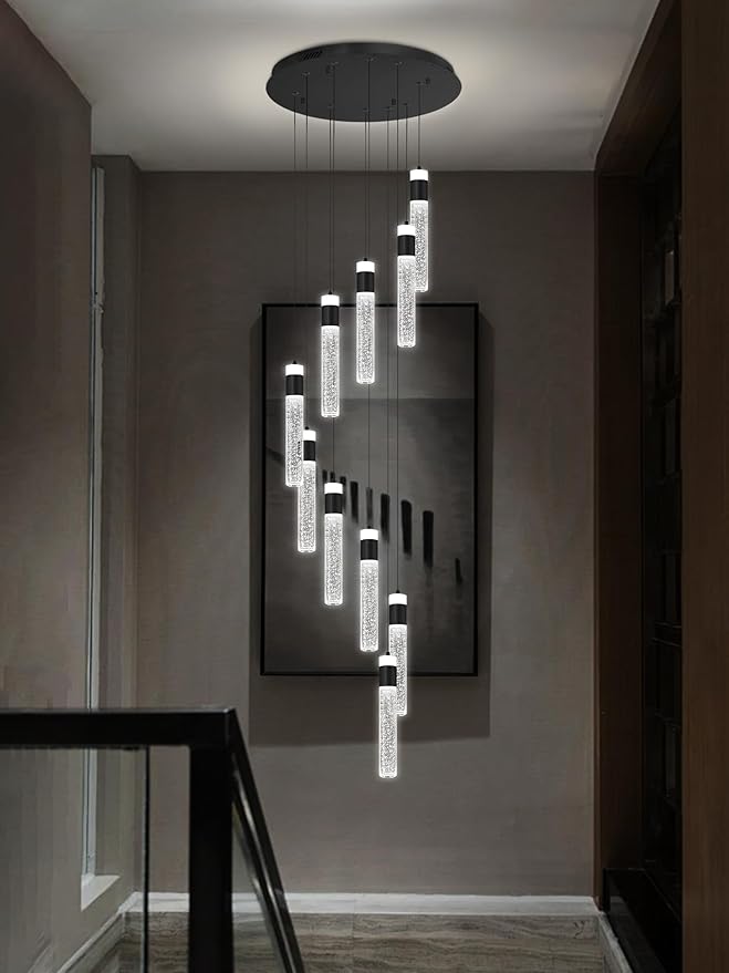 10-Light Black Modern Crystal Chandelier for Living Room Foyer Entrance 110" Long Bubble Crystal Chandelier for Loft High Ceiling Lighting Fixtures LED Lampara, 3000k-6000K