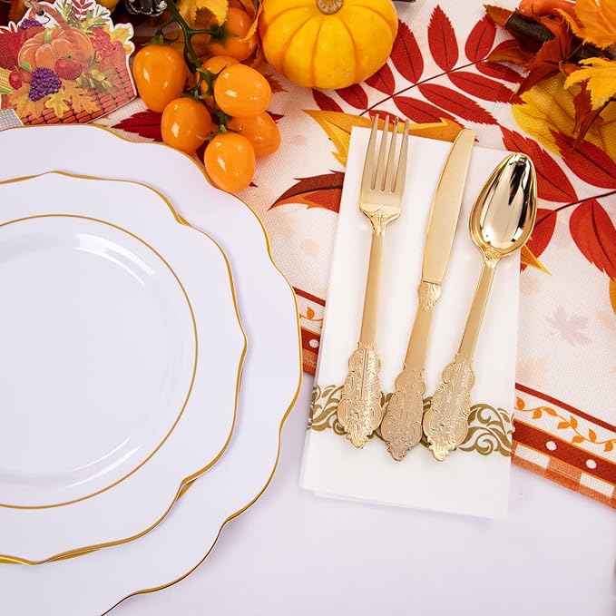 NOCCUR 175PCS Gold Plastic Plates with Disposable Silverware - White Gold Plastic Tableware Include 25 Dinner /25 Dessert Plates, 75 Cutlery, 25 Cups, 25 Napkins - Ideal for Party&Thanksgiving