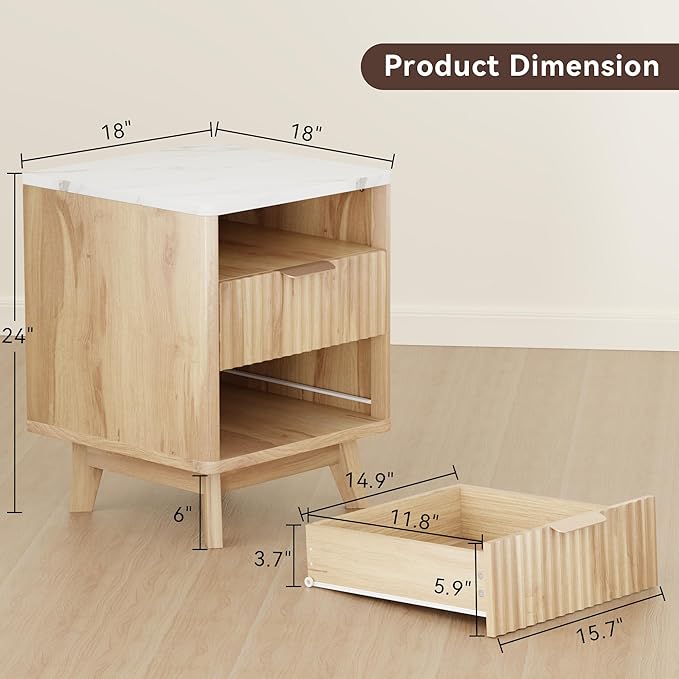 Fluted Nightstand Set of 2, 18" Modern Bed Night Stand with Faux Marble Top, 2 Drawers, Open Storage Shelf, Living Room End Table, Curved Edge Bedside Table for Bedroom, Natural Oak