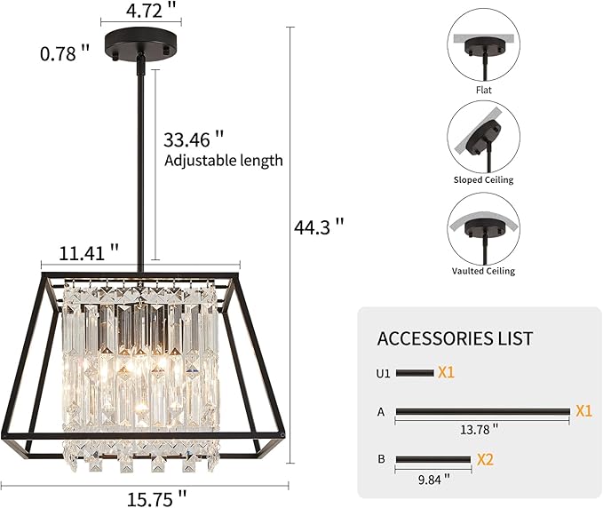 Crystal Chandeleir, Black 4 Lighting Dining Room Chandelier Light Fixture, Modern FarmhouseSquare Metal Pendant Light for Kitchen Island, Entryway,E12 Bulb,15.75"