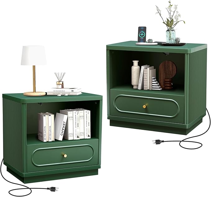Fluted Nightstand with Charging Station Set of 2, Modern Wood Nightstand with Drawer Storage, Night Stand Bedside Table with Type-C and USB Ports, Night Stand for Bedroom, Green