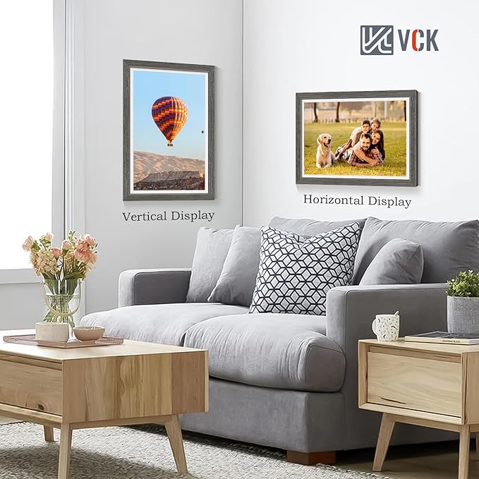 VCK 12x18 Picture Frame 5 Pack - Grey, High-End Wood Poster Frames with Tempered Glass, Display 11x17 Photo with Mat or 12x18 without Mat, Art Gallery-Quality, Wall Hanging, Grey