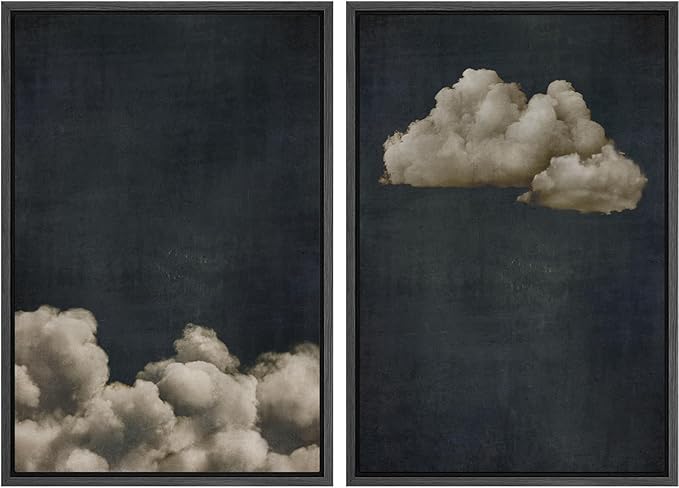 MUDECOR Framed Canvas Print Wall Art Vintage Cloudscape Dark Moody Sky with Floating Clouds Illustrations Modern Art Decorative Chic for Living Room, Bedroom, Office - 16"x24"x2 Black