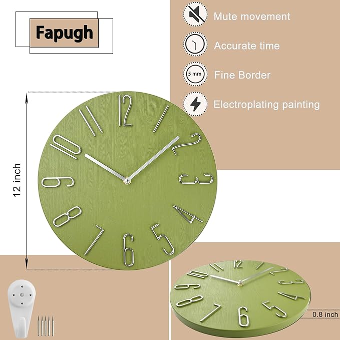 12 Inch Wall Clock Silent Non Ticking, Preciser Modern Style Decor Clock for Home, Office, School, Kitchen, Bedroom, Living Room（Yellow Green）