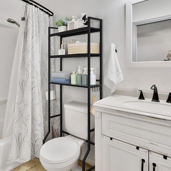 Over The Toilet Storage Over Toilet Rack Bathroom Organizer 3 Tier Toilet Shelf with 4 Hooks and Toilet Paper Holder Freestanding Bathroom Stand Over Toilet Save Space, Black