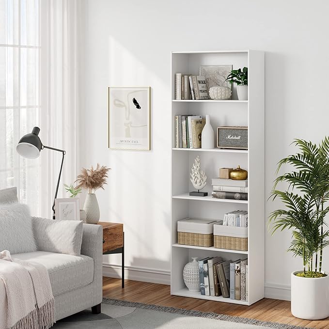 Tangkula 5-Tier Bookcase, 67” Tall Freestanding Bookshelf with 5 Open Shelves, Anti-Toppling Kits, Floor Display Storage Organizer for Living Room, Study, Kitchen, Home & Office (White, 67" H)