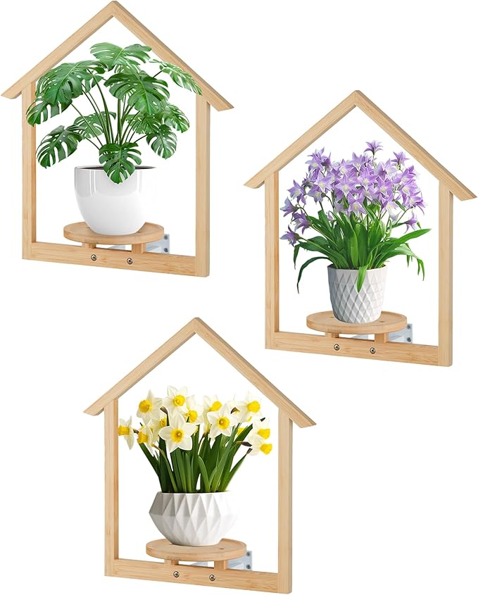 yadoker Wall Planters for Indoor Plants,Bamboo Hanging Plant Holders in a House Shape, Wall Decor Plant Stand, 3-Pack Window Plant Shelves for Living Room & Entryway