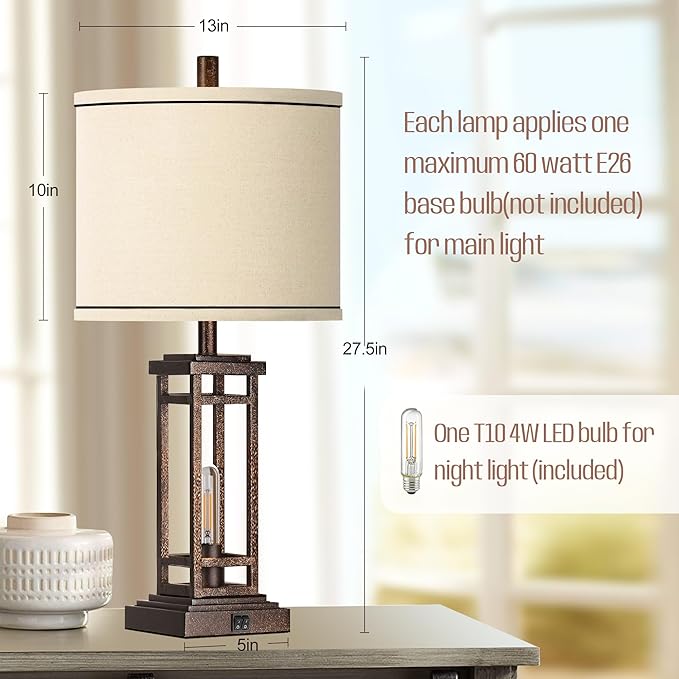 ROTTOGOON 27.5 Tall Farmhouse Table Lamps with USB C + USB A Charge Ports, Rustic Living Room Lamps Set of 2, Black Industrial End Table Lamp for Bedroom Living Room Nightstand (Bronze)