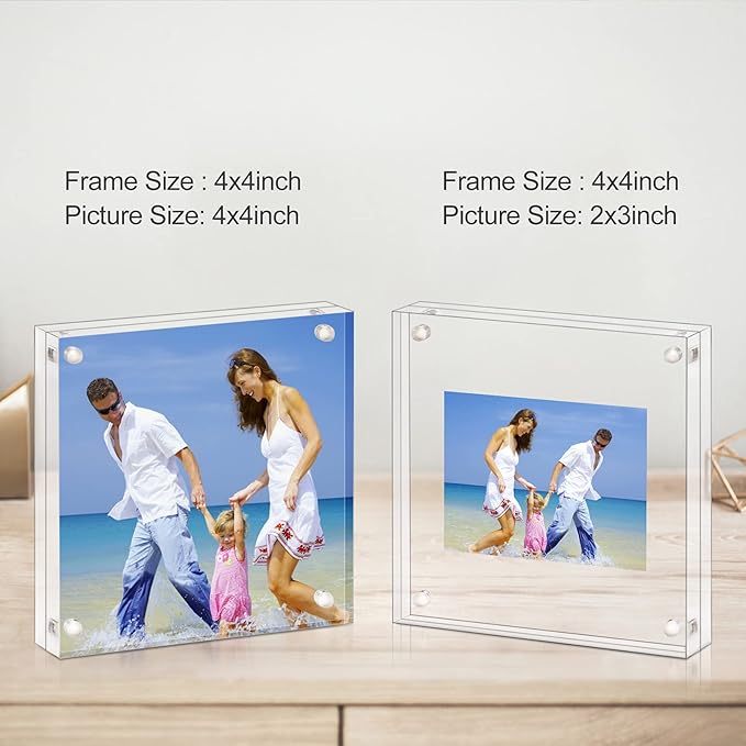 AMEITECH 4x4 Acrylic Picture Frame, Clear Double Sided Block Acrylic Photo Frames, Desktop Frameless Magnetic Photo Frames - 5 Pack