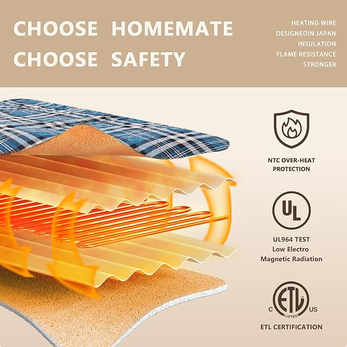Homemate Electric Blanket Heated Queen Size - 84“x90“ Ultra Soft Cozy Flannel Heating Blanket with 10 Fast Heat Levels 8 Hours Auto Off Over-Heated Protection ETL Certification Keep Warm in Home