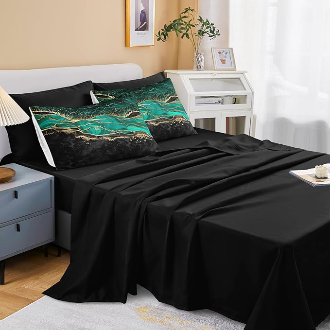 Emerald Green Comforter Set King Black Gold Marble Bed in a Bag 8 Pieces Bedding Set with 1 Green Black Marble Comforter, 1 Flat Sheet, 1Fitted Sheet, 4 Pillowcases, 1 Cushion Cover