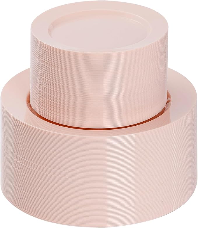 Goodluck 200PCS Disposable Pink Plastic Plates, Heavy Duty Disposable with 100 10.25 inch and 100 7.5 inch Dessert Plates for Party, Wedding, Baby Shower, Valentines
