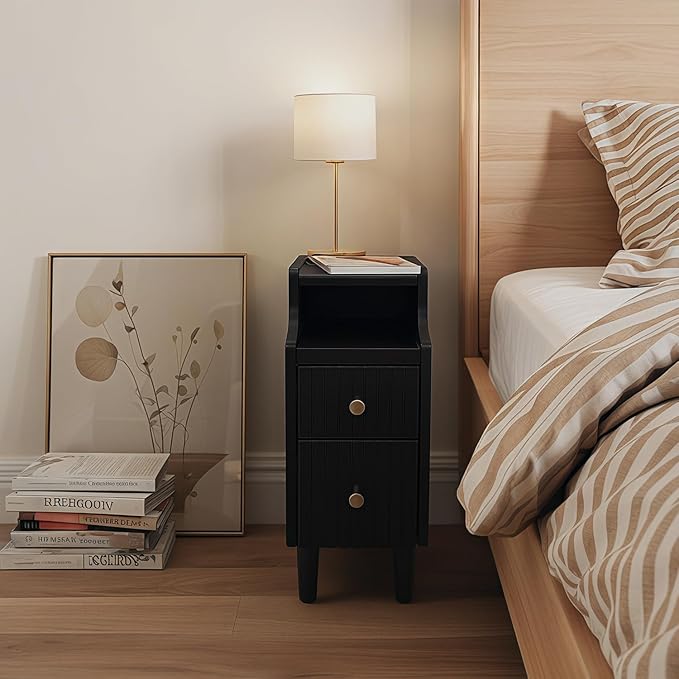 Narrow Nightstand with 2 Drawers, Fully Assembled Slim Bedside Table, Pre-Assembled Slim Nightstand for Small Spaces, Living Room, Bedroom, Black