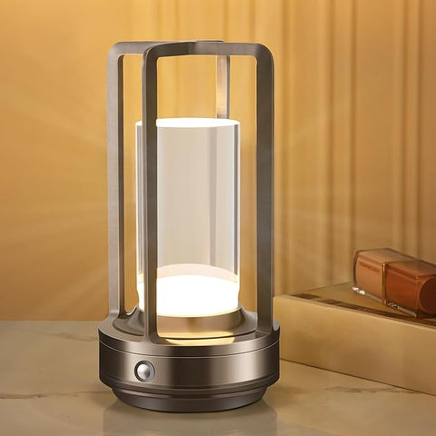 Portable Metal Table Lamp, Cordless Table Lamp, Rechargeable Battery Powered Portable LED Desk Lamp, 3 Color Stepless Dimming Touch, for Bedroom Restaurant Home Outdoor (Grey)
