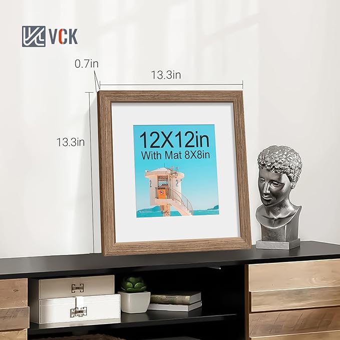 VCK 12x12 Picture Frame 5 Pack - Walnut, High-End Wood Poster Frames with Tempered Glass, Display 8x8 Photo with Mat or 12x12 without Mat, Art Gallery-Quality, Wall Hanging, Walnut