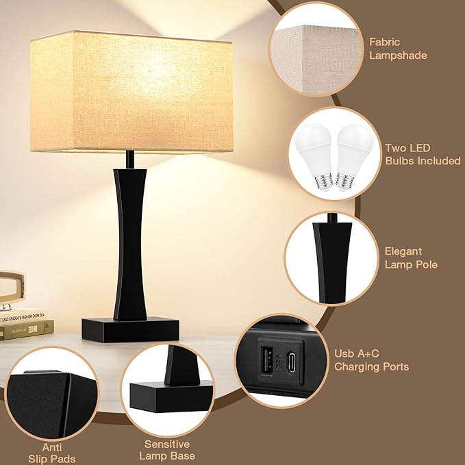 Bedside Lamps for Night Stands - 3 Way Dimmable Table Lamp for Bedroom with USB C+A Ports,Modern Bedside Lamps Set of 2, Touch Lamps for Nightstands(Beige)