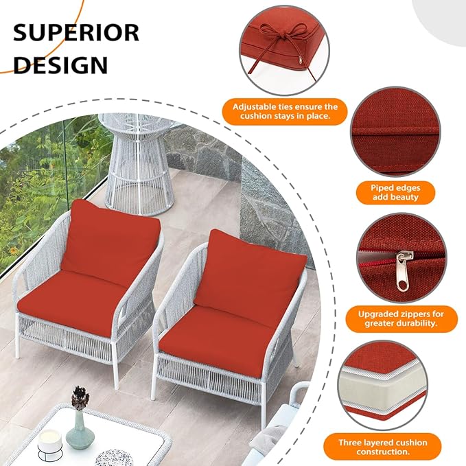 Sundale Outdoor Olefin Deep Seat Cushion, Patio Chair Cushion and Pillow, Water-Resistant Sectional Sofa Pad with Straps Red, 24 x 24 x 4 Inches