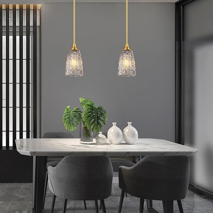 Brushed Gold Pendant Lights Kitchen Island 2 Pack, Glass Pendant Light Fixtures with Hammered Glass and Rods, Modern Farmhouse Brass Hanging Light for Kitchen Sink Dining Room Bedroom, E26