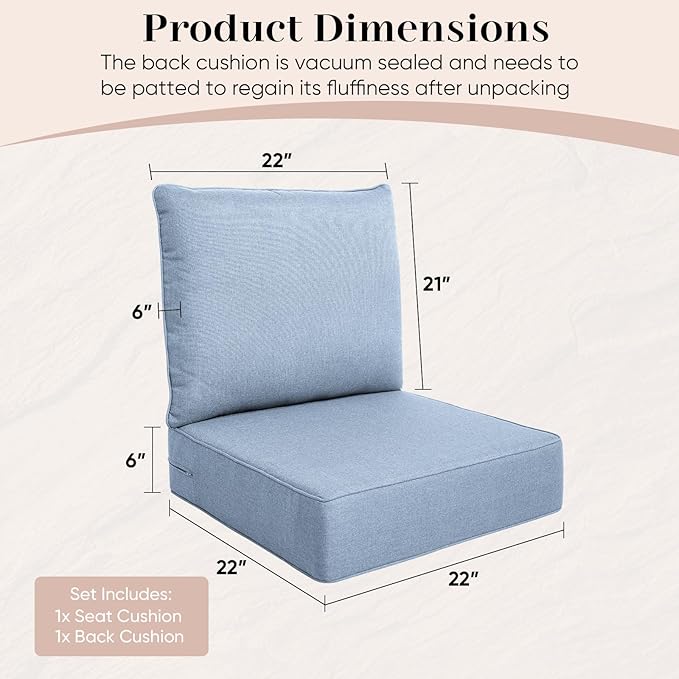 Luxury Outdoor Seat Cushion Set-22 x 22 x 6 Inch Outdoor Chair Cushions with Water Resistant & Removable Cover Outdoor Cushions for Patio Furniture Chair Sofa Couch-Beige