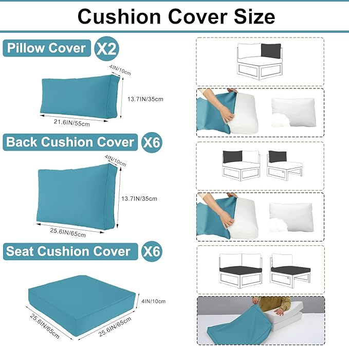 Outdoor Furniture Replacement Cushions, 14 Pcs Water-Resistant Replacement Sofa Cushion for Patio Garden Porch (Liner&Cover,Only Cushions No Sofa) (Lake Blue)