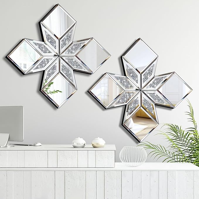 Crushed Diamond Decorative Mirror 2 Pack 16.75x16.75” Diamond Shape Glass Decor Wall Mirror for Home Decor, Accent Mirror