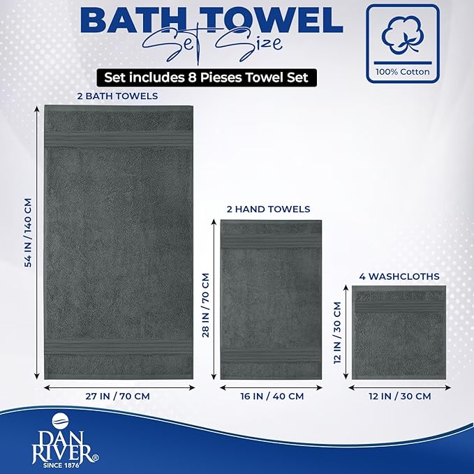 DAN RIVER 8 PC Luxury Bath Towels for Bathroom, 2 Bath, 2 Hand, and 4 Wash Cloths, 600 GSM 100% Ring Spun Cotton Towel Set, Highly Absorbent, Gym, Hotel, and Spa, Grey