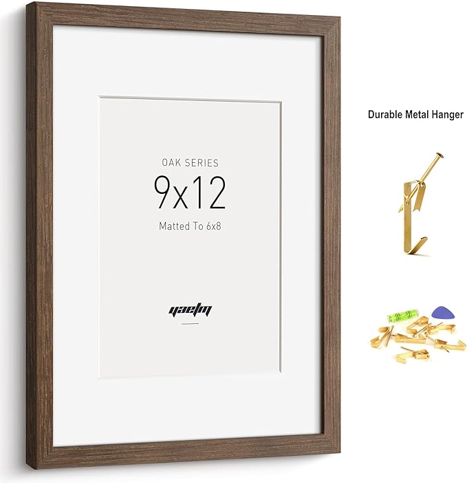 Yaetm 9x12 Picture Frame with Mat for 6x8 - Brown Walnut, Rustic Solid Wood Photo Frame 9 x 12 with Tempered Glass for Art Print & Picture, Horizontal and Vertical Wall Mount (3 Pack, Walnut)