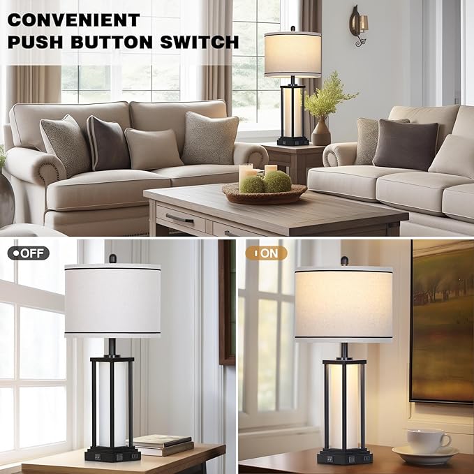 27" Tall Vintage Table Lamp Set of 2 with USB C+A & Outlet,Black Industrial End Table Lamp for Living Room,Farmhouse Rustic Bedside Lamps with Frosted Glass Night Light for Bedroom Nightstand,Black