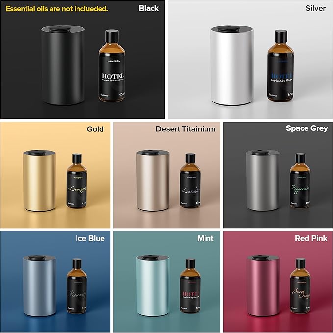 Waterless Essential Oil Diffuser for Home Aromatherapy Scent Diffusers with 3 Countdown Timer Settings or Timer-Off, 3 Mist Levels for Car Room Studio Office, ANX Premium Metal Silver