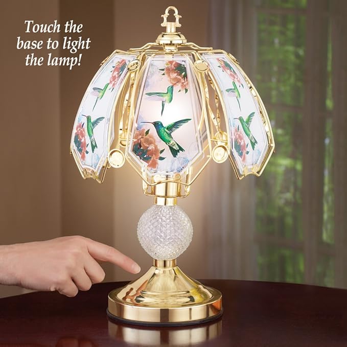 Collections Etc Touch Base Hummingbird Lamp with Gold-Tone Base and Colored Glass Panels, Tabletop Decorative Accent for Any Room in Home