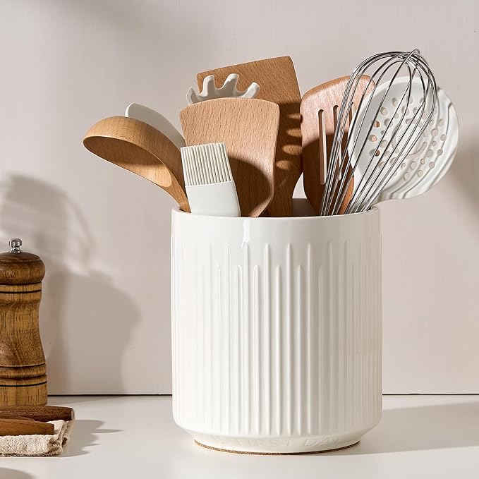 JIEMEI HOME Utensil Holder, 7.2" Large Ceramic Stable Utensil Crock for Kitchen Counter, Utensil Holder with Cork Mat, Removable Bamboo Divider for Easy, Kitchen Decor, White