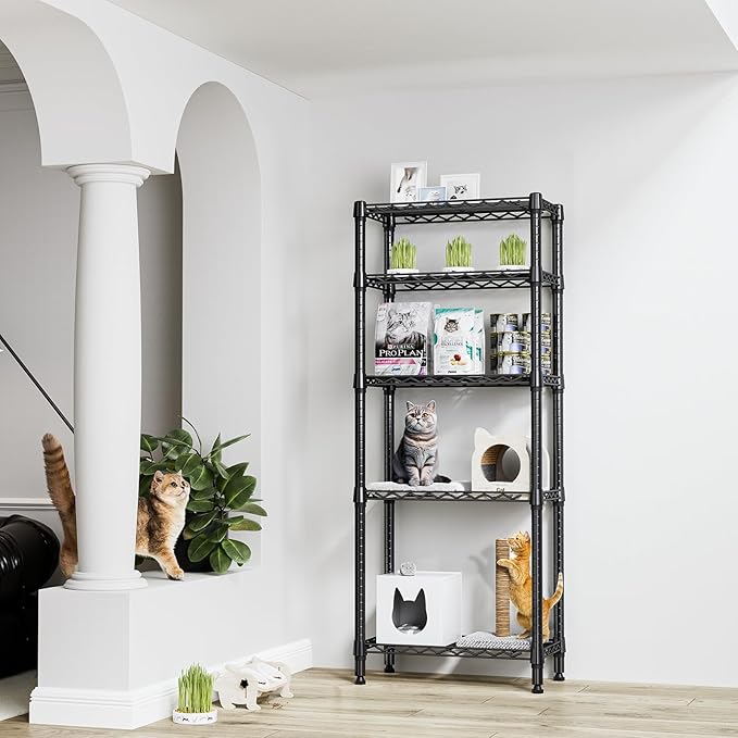 1250 lbs 5 Tier Shelf Metal Storage Shelves Wire Rack Closet Organizers for Garage Kitchen Bathroom Laundry Black 11.8" D x 23.6" W x 59.5" H