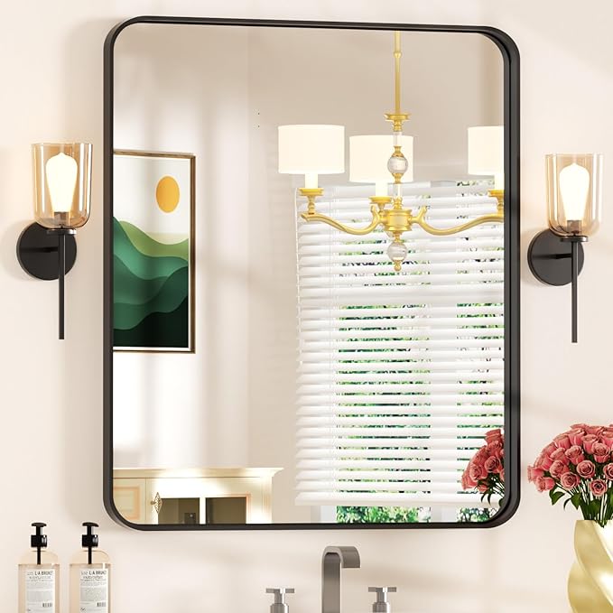 28×32 Black Frame Mirror for Over Sink - Rectangular Decorative Bathroom Mirrors with Rounded Corners & Aluminium Frame, Tempered-Glass, Restroom, Entryway, Wall, Vanity