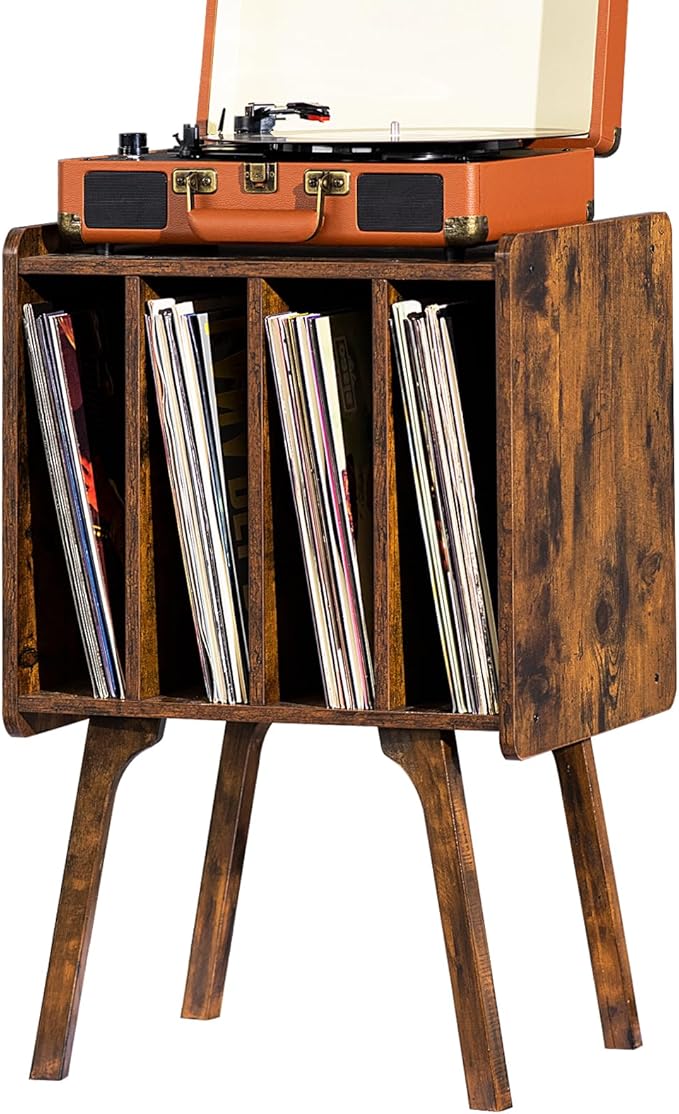LELELINKY Record Player Stand,Vinyl Record Storage Table with 4 Cabinet Up to 100 Albums,Rustic Brown Mid-Century Turntable Stand with Wood Legs,Vinyl Holder Display Shelf for Bedroom Living Room