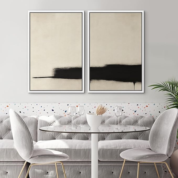 SIGNWIN Framed Wall Art Print Set Minimalist Black Brushstroke Abstract Neutral Beige and Black Illustrations Modern Art Rustic Relax/Calm for Living Room, Bedroom, Office - 16"x24"x2 WHITE