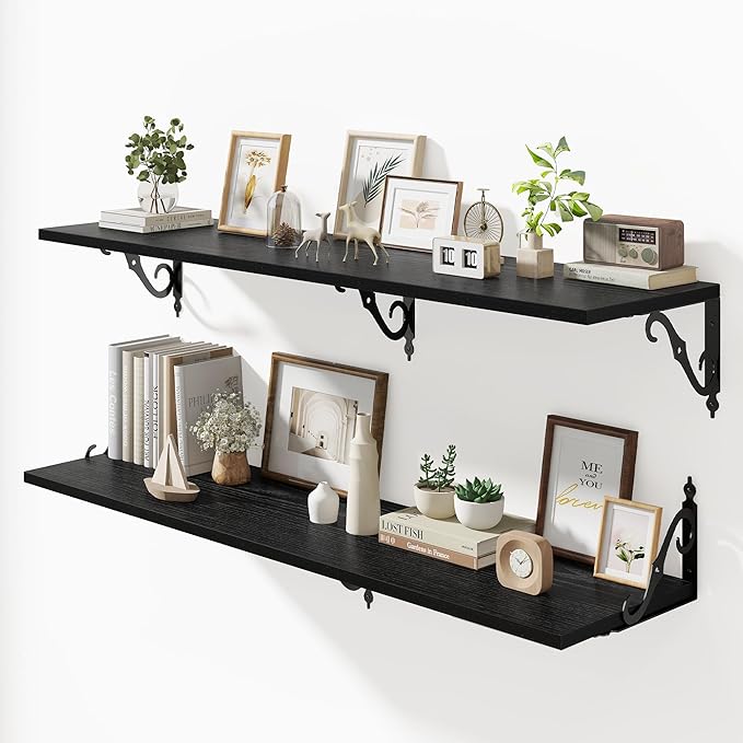 Fun Memories Large Floating Shelves for Wall 48 Inches Long, 12 Inch Deep Shelves with Metal Bracket, 48 Inch Floating Shelves Wall-Mounted, Wide Display & Storage Bookshelves, Black, Set of 2