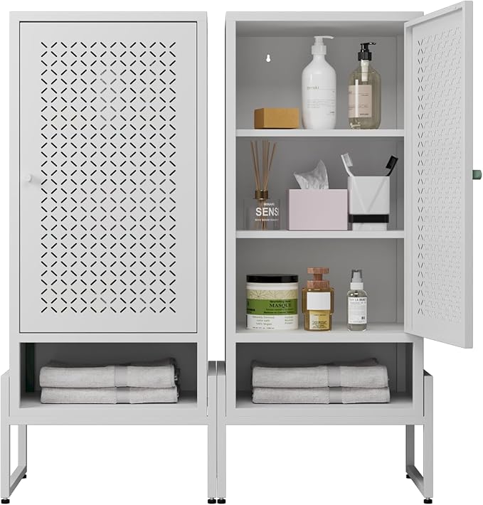 LEYNOT Small Bathroom Storage Cabinet 42.51“H Metal Bathroom Floor Cabinet with Adjustable Shelves for Pantry，Kitchen, Home Office, Living Room, Dinning Room (White)