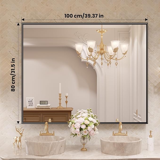 LOAAO Black Bathroom Mirror 40"X32" for Wall, Rectangle Bathroom Vanity Mirror, Tempered Glass, Hangs Vertically or Horizontally, Easy to Install, Modern Design