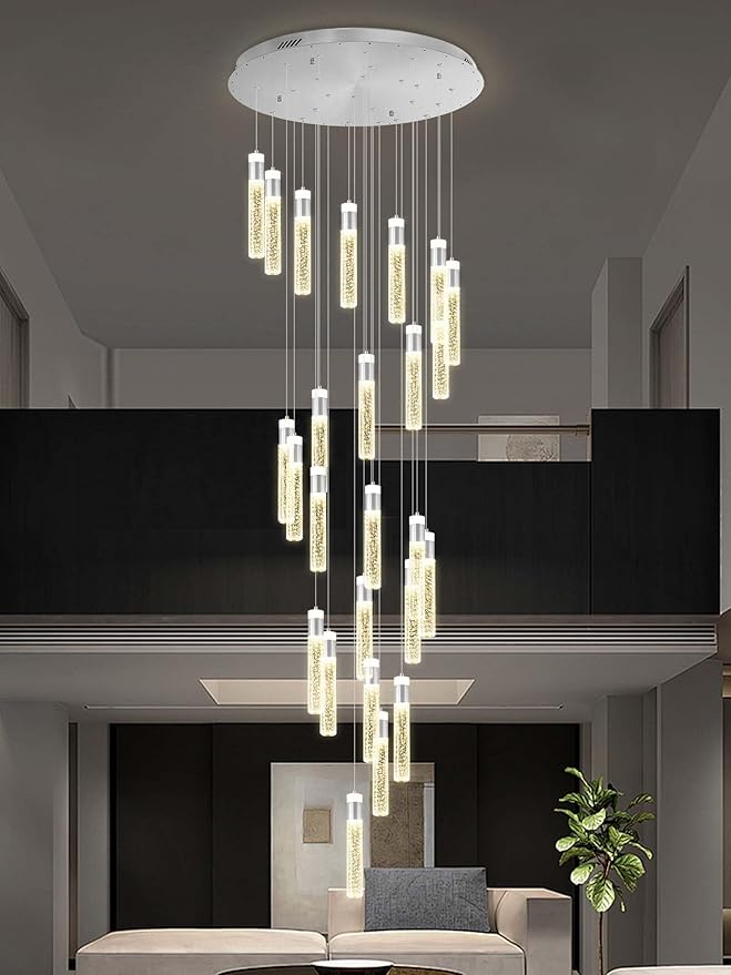 25-Light Silver Modern Crystal Raindrop Chandelier for Foyer Stair Well Entrance 130" Long Crystal Bubble Column Chandelier for Villa High Ceiling Lighting Fixtures LED Lampara, 3000k-6000K