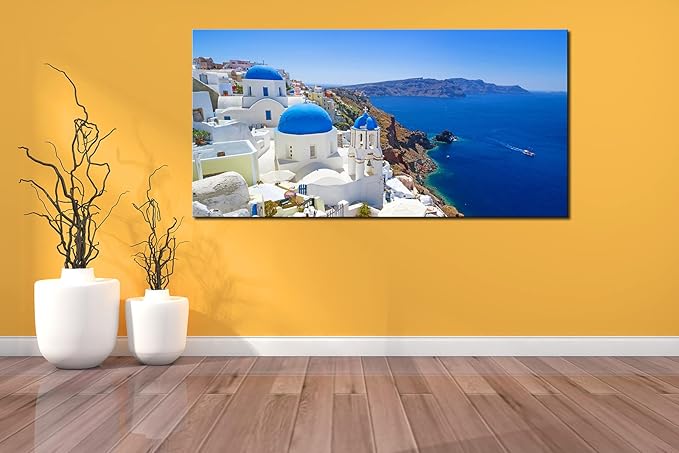 OKEXCKK Large Canvas Print Wall Art Santorini in Greece Painting Wall Decor, Blue Coastal Landscape Artwork Seascape Pictures for Living Room, Bedroom, Office Decoration - 24"x48"