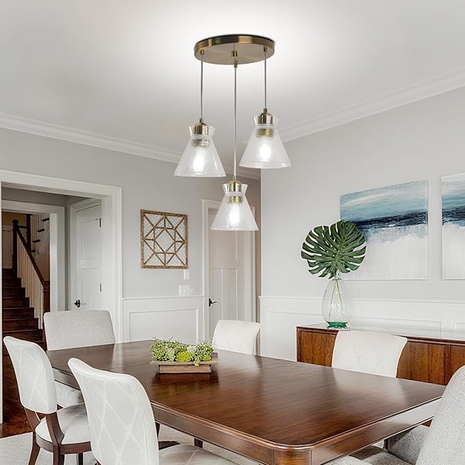 Industrial Farmhouse 3 Pendant Chandelier Light with Handblown Seeded Glass Shade Gold Brushed Nickel Hanging Light for Kitchen Island Dining Room Living Room,Foyer,Stairway