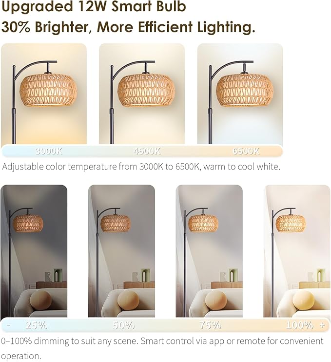 Boho Rattan Floor Lamp with Shade - 12W Bright LED Bulb, Adjustable Height 48-60 Inch, Remote Control 3 Color Temperatures, Handwoven Arc Standing Light for Living Room