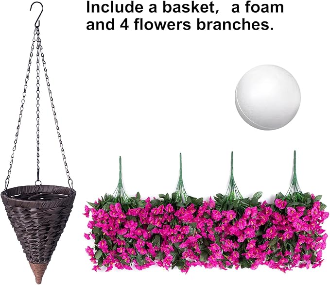 Artificial Fake Hanging Flowers Plants Basket for Outdoor Winter Summer Decoration, Faux Silk UV Resistant Look Real Fuchsia Morning Glory Long Stems in Planter for Outside Porch Patio Balcony Home