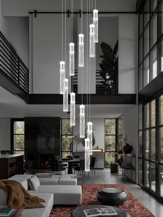 Crystal Bubble Column Chandeliers 110in Long Spiral Crystal Chandelier for High Ceiling Modern LED Foyer Ceiling Chandelier Dimmable 3000-6000K 10-Lights Silver