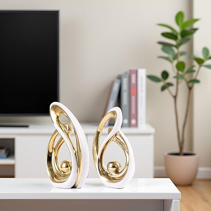 Home Decor Accent,Porcelain Art Mid Century Bookshelf Decorations,Gold Centerpieces for Tables,Abstract Ceramic Statue Sculpture for Coffee Table Mantel Tv Stand Centerpieces (White Gold, Small)