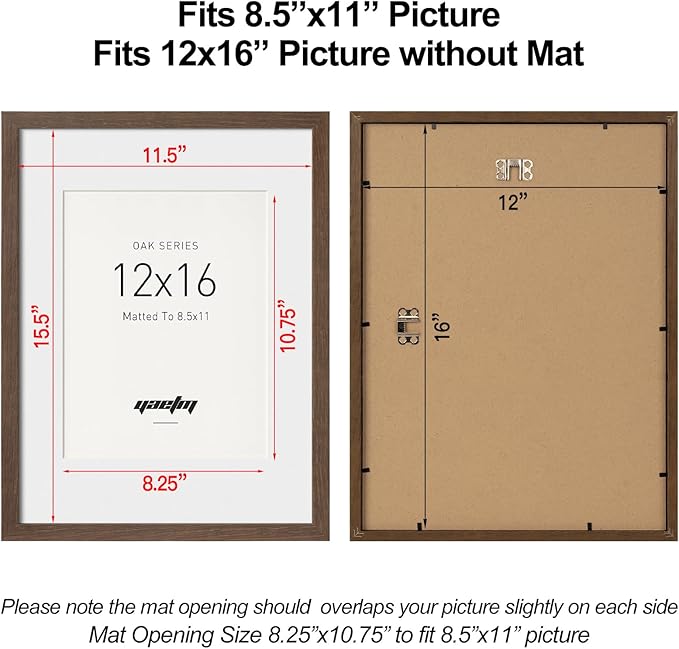 Yaetm 12x16 Picture Frame with Mat for 8.5x11 - Brown Walnut, Solid Wood Photo Frame 12 x 16 for Art Print & Poster, Lightweight, Horizontal and Vertical Wall Mount (Single, Walnut)