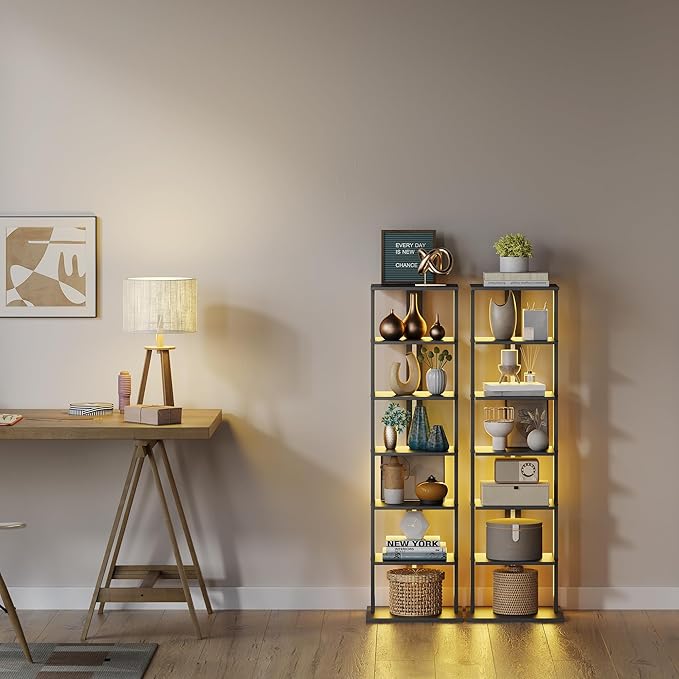 7-Tier Bookshelf, Narrow Bookcase with LED Lights, 47.2 Inch Book Shelf for Small Space, Display Storage Shelf for Living Room, Bedroom, Home Office, Study, Black