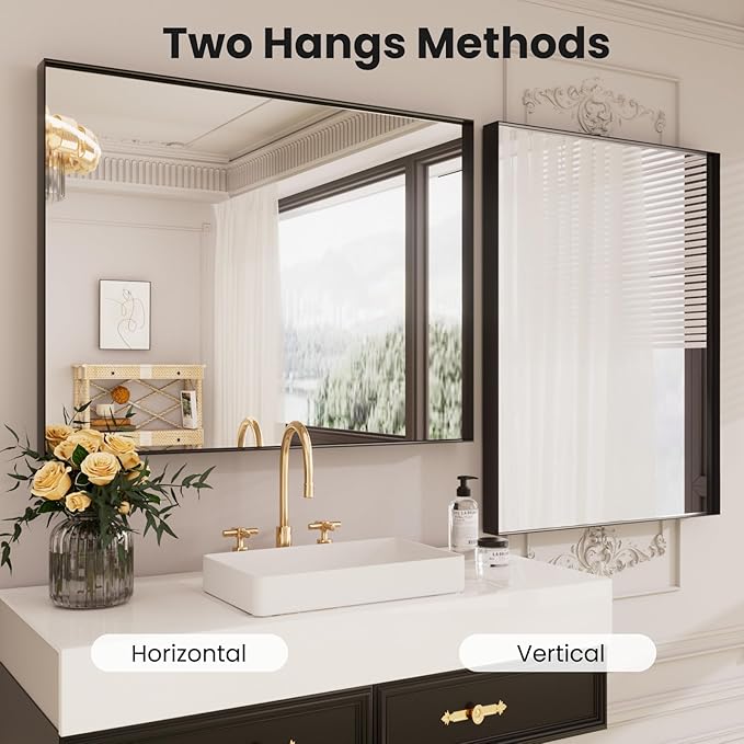 LOAAO Black Bathroom Mirror 30"X36" for Wall, Rectangle Bathroom Vanity Mirror, Tempered Glass, Hangs Vertically or Horizontally, Easy to Install, Modern Design
