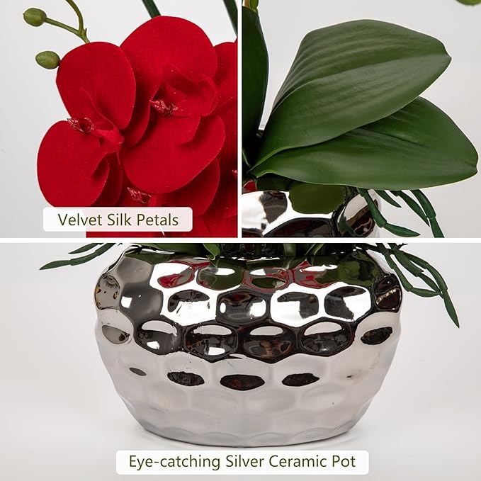Briful Red Orchid Artificial Flowers 18" Large Silk Orchid with Silver Ceramic Pots Fake Orchid Arrangement for Home Office Bathroom Living Room Table Decoration